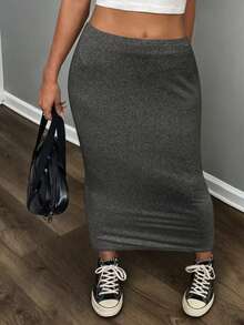 EARO European And American Ins Style Women's Solid Color Sexy Bodycon Maxi Skirt, Spring/Autumn New Arrivals, American Bombshell Casual Daily Fashion Elegant High Waist Elastic Waist A-Line Fitted Slim Skirt - Dark Grey - View 1