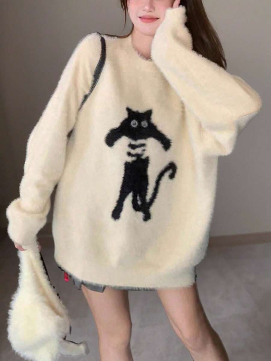 JIANHU Round Neck Cute Cat Jacquard Plush Long Sleeved Women's Sweater - White - View 1