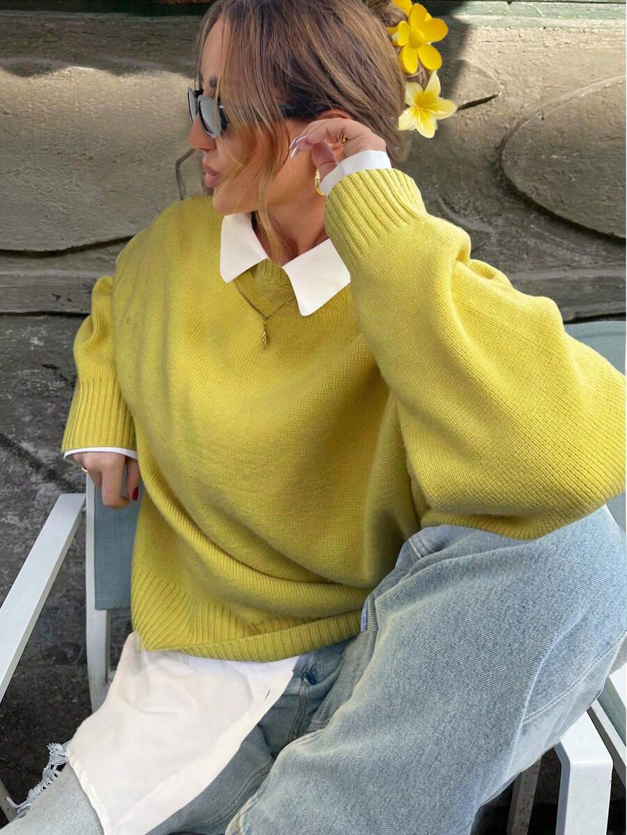 Freeform 春季女款白色、黑色、粉色、棕色针织衫,时尚简约商务休闲通勤优雅度假高端百搭显瘦可爱上衣,韩版风格 - 黃色 - 查看 1