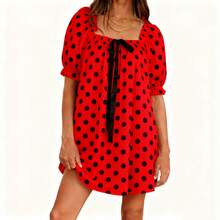 Women's Polka Dot Mini Dress Loose Bow Square Neck Puff Sleeve Short Dress For Daily/Travel - Nền đỏ có chấm bi đen - Xem 3