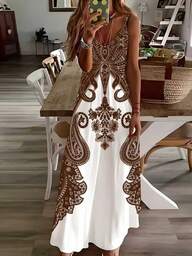 Vestido largo con estampado vintage, vestido de verano sin mangas de cuello en V