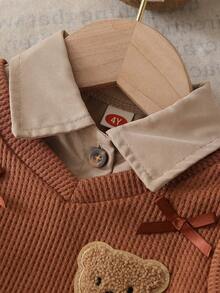 3pcs Girls Casual Cute & Lively Set: Minimalist Shirt + Bear Patch & Bow Knit Thick Vest + Pleated Skirt