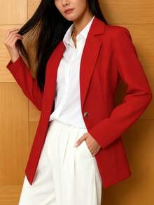 Women's Slim Fit Lapel Single-Button Blazer - Suitable For Both Work And Casual Wear, Solid Color - Đỏ - Xem 2
