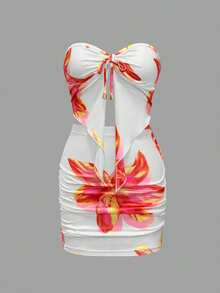 Conjunto de 2 piezas de top sin tirantes con bajo asimétrico y falda fruncida, sexy, adecuado para vacaciones y playa - Blanco - Ver 2