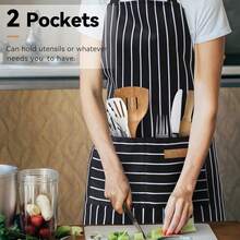 NLUS 2 Pcs Kitchen CooFKing Aprons, Poly/Cotton Blend Adjustable Soft Bib Stripe Aprons With 2 Pockets For Women Men Chef (Blue Pinstripes/Black Stripes),DenimBlue/Black - 牛仔藍/黑色 - 查看 3