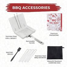 Grilling Basket For Outdoor Grill – Large Foldable Stainless Steel Barbeque Basket With Removable Handle, Skewers & Basting Brush Non-Stick BBQ Grill Basket For Veggies, Fish & Shrimps,Steel - 鋼 - 查看 3