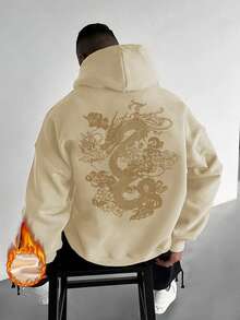 男士连帽衫，中国龙图案印花，保暖内衬，秋冬款 - 杏色 - 查看 3