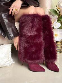 Furry Fluffy Knee High Boots For Women Faux Fur Winter Snow Boots Pointed Toe Stiletto High Heels Sexy Warm Shoes Christmas Party - 酒紅色絨面革 - 查看 6