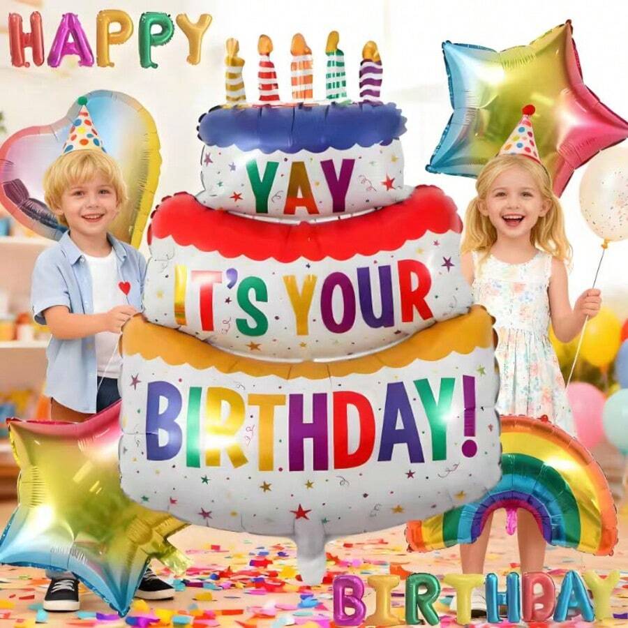 6pcs Super Tall 1M Rainbow Heart Star Balloon Set With Birthday Letter Flags, Suitable For Birthday Party Decoration - Multicolor - View 1