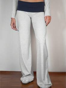 Women's Patchwork Wide Leg Pants Fashionable Casual Loose Elastic Low Waist Pants - 藍色 - 查看 1