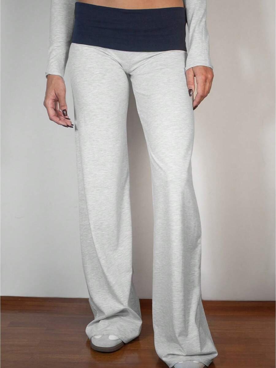 Women's Patchwork Wide Leg Pants Fashionable Casual Loose Elastic Low Waist Pants - 藍色 - 查看 1