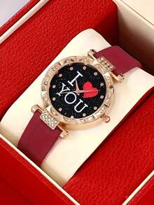 5 Pcs Red Round Quartz Watch PU Leather Strap Zinc Alloy Pointer Zinc Alloy Case And Rhinestone Necklace Earrings Ring Gift For Women - Red - View 3