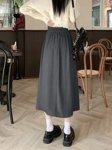 女士纯色高腰褶裥休闲A字裙 - 灰色 - 查看 3