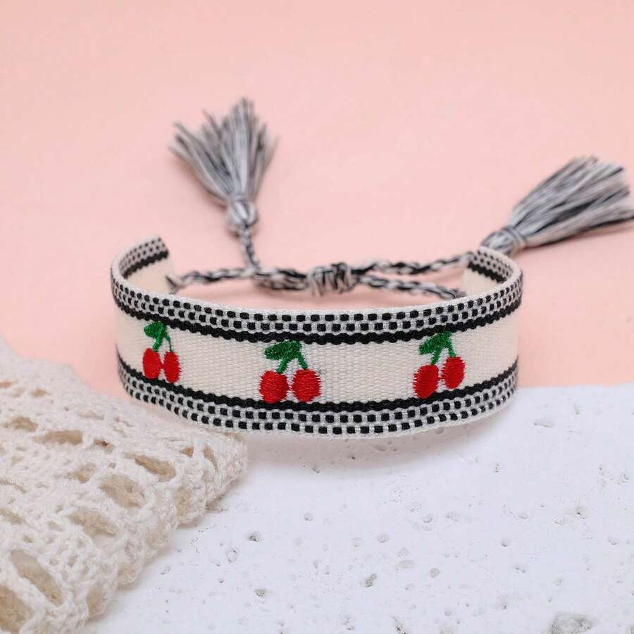 1 Peça Pulseira Criativa Bordada com Pêssego, Feita à Mão, Estilo Vintage Boêmio Casual de Férias, Adequada como Presente para Família, Amigos, Estudantes, Feriados, Festas, Viagens - Preto e Branco - Visão 1