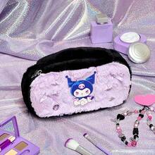 Miniso 1pc Sanrio Kuromi Glittery Party Series Cosmetic Bag, 3D Graphic + Rhinestone Decor, Velvet Texture, Portable Makeup Tool Storage Pouch, Date/Commute Retouch Organizer - Multicolor - View 1