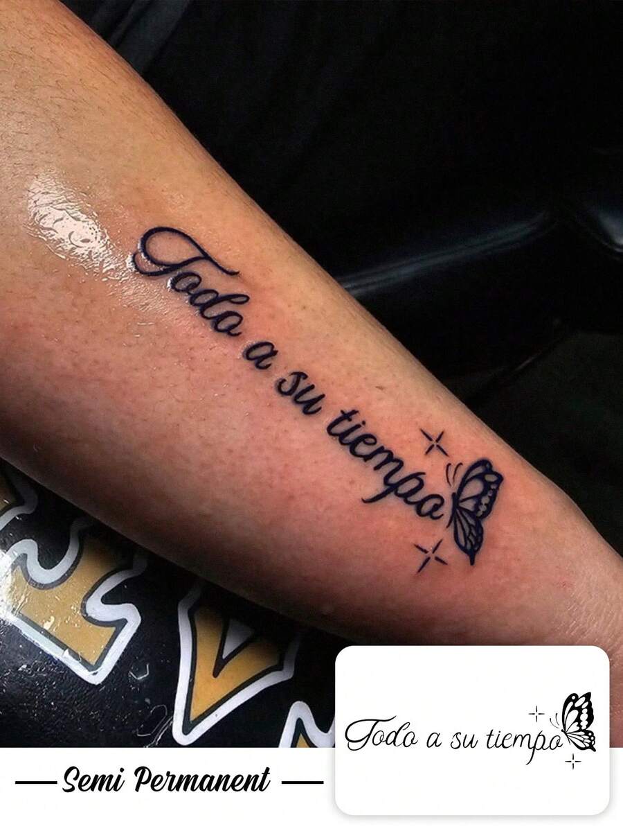 7-14 Days Herbal Temporary Tattoo Stickers, Y2K Style Butterfly Pattern With Inspirational English Quotes. Waterproof, Sweat-Proof, Washable, Non-Reflective, Simulating Arm And Shoulder Tattoo Effect, Suitable For Fashion Enthusiasts. - Black - View 1