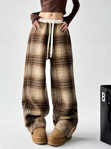 Plaid Woolen Wide Leg Pants For Women, Loose Straight Leg Casual Trousers, Suitable For Autumn And Winter - Yellow - View 8