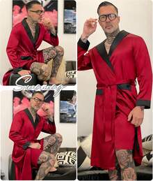 SWOMOG Men's Satin Robe With Shorts Set Silky Kimono Bathrobe Lightweight Soft Sleepwear - 藍龍 - 查看 8