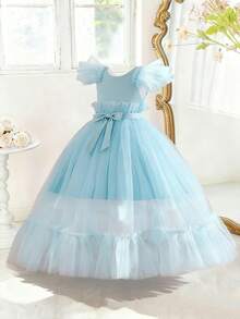 Vestido largo de satén y tul de unicolor para niñas con lazo en la cintura, elegante y para fiesta de cumpleaños, sin diadema - Azul - Ver 6