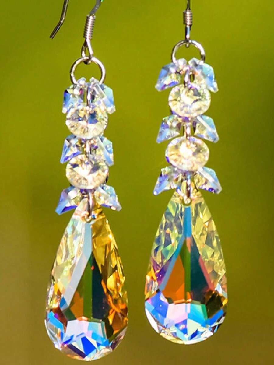 1 Pair Elegant Multi-Color Crystal Teardrop Tassel Dangle Earrings - Multicolor - View 1