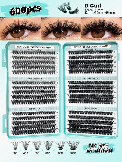 600 piezas de racimos de pestañas DIY 30D/40D/50D/60D/80D/100D Rizo D 9-16mm Aspecto natural Suave y ligero Pestañas individuales reutilizables con brochas para maquillaje diario