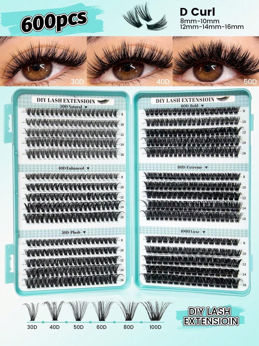 Racimos de pestañas DIY, 30D/40D/50D/60D/80D/100D D-Curl, 9-16mm Naturales Suaves Ligeros Reutilizables Pestañas individuales, Adecuado para maquillaje diario - Celeste - Ver 1