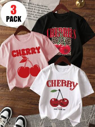 3pcs/Set Tween Girl Casual Leopard & Cherry Print Round Neck Short Sleeve T-Shirt,Summer Student Clothing - Colorful T-Shirts Bring Joy And Happiness To Every Child!