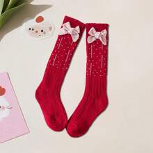 Calcetines hasta el muslo para niñas pequeñas, con lazos bonitos y elegantes, hasta la rodilla. - Rojo - Ver 2