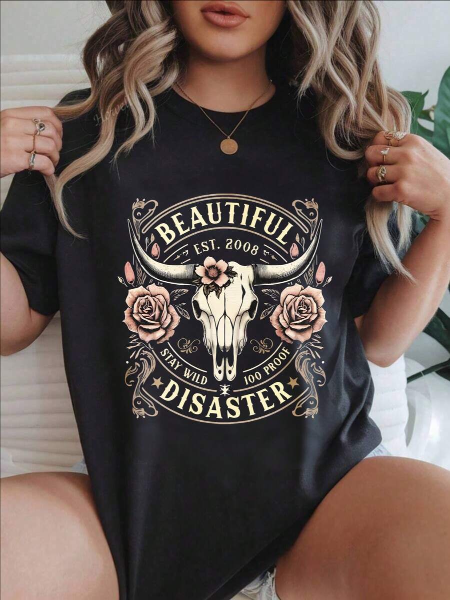 Women's Casual Short Sleeve T-Shirt -  Beautiful Disaster Bull Skull Roses Gold Ornament Round Neck Summer Top, Machine Washable, Ladies T Shirts, Casual Attire, Modern Look, Comfortable Fit
-Black - 黑色 - 查看 1