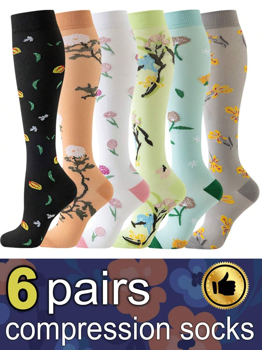 6 Pairs Compression Socks For Women, Floral Pattern Socks Breathable High Tube Socks For Running Fitness Skipping Cycling Athletic Compression Socks - Multicolor - View 1