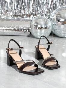 Rhinestone Decorated Square Toe Chunky High Heel Elegant Fashionable Versatile Women Sandals,Spring Summer Outfits - Chocolate Brown - View 6