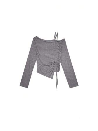 女士休闲通勤韩版不对称露肩抽绳褶饰长袖 T 恤，春秋