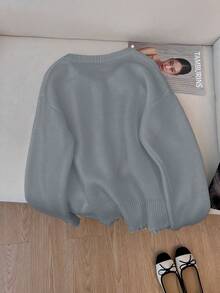 女士秋冬纯色日常外套珍珠边撕边长袖羊毛开衫 - 灰色 - 查看 5