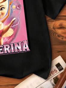 Áo thun cổ tròn tay ngắn in họa tiết hoạt hình và chữ cái cho bé gái - màu đen - Xem 5