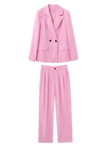 Bộ đồ nữ tay dài, dáng rộng, màu trơn, có túi, cài cúc đôi, thích hợp mặc đi làm hàng ngày vào mùa xuân và mùa thu, màu hồng. - Hồng - Xem 10