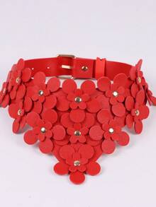 1件PU皮革花朵造型颈链，可调节颈圈，适合女性、女孩、派对、角色扮演、情人节礼物 - 紅色 - 查看 6