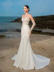 Elasola فستان زفاف ساتان ذو قصة الحورية مع ملابس علوية أنبوبية وأكمام للذراعين بياقة قلب للعروس الأنيقة