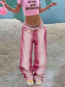 女式 Y2K 休闲破洞直筒牛仔裤，度假风格，秋季 - 中紫紅色 - 查看 2