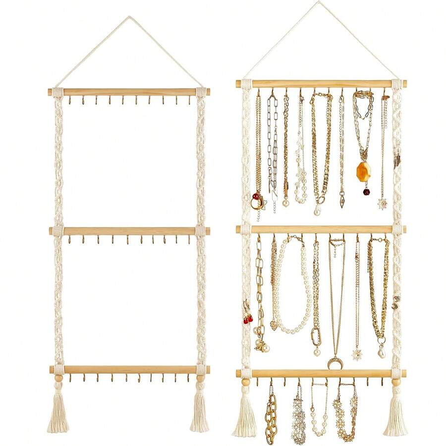 1pc Bohemian Hanging Jewelry Organizer With 30 Hooks Beaded Necklace Holder Wall Mounted Jewelry Rack For Necklaces, Bracelets, Earrings Display Gifts For Women Back To School - Beige B - View 1