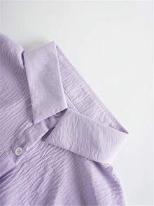 女士纯色衬衫，休闲长袖主教袖衬衫领常规款上衣，日常纽扣门襟春季款 - 紫色 - 查看 5