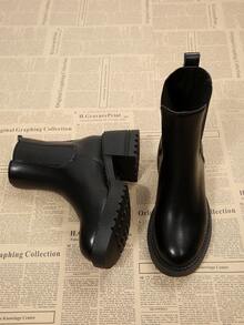 女士切尔西踝靴，圆头舒适粗跟靴，双松紧带设计，厚底防滑冬季工装靴，黑色高跟弹力靴，娇小增高靴，适合搭配毛衣裙 - 黑色 - 查看 6