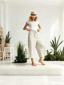 Women's Pantacourt Pants In Plain Linen Fabric Up To The Calf - tự nhiên - Xem 4