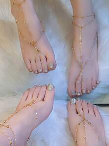 1pc Bohemian Vintage Style Multi-Layer Tassel Anklet, Ethereal Palace , Bridal Foot Jewelry Accessory Valentine's Day Accessories,Classy,Festival - Gold - View 5