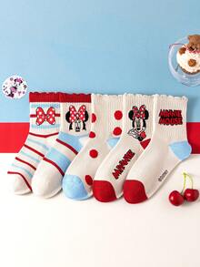Disney 10/5 Pairs Minnie Mouse High Elasticity Sports Cute Series Socks, Mickey Mouse Family Socks, Autumn/Winter Girls' Elsa Princess, Mermaid Princess Mid-Calf Socks, Korean Cartoon Boys' Winter Breathable Baby/Student Short Socks