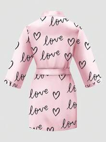 Tween Girl Heart Print Long Sleeve Casual Bathrobe - Multicolor - View 2