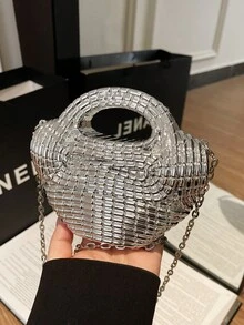 2025秋冬季腈纶编织纹理晚宴包，金属链条斜挎包，小众设计派对手提包 - 銀色 - 查看 5