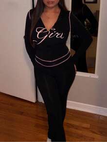 女士休闲印花“女孩”拉链连帽衫和裤子套装，街头风运动长袖两件套，适合派对和聚会穿着，秋季黑色春季 - 黑色 - 查看 3