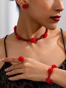 5件套亚克力玫瑰串珠项链、手链、耳环、戒指套装，简约复古优雅时尚配饰，适合作为礼物、参加派对、宴会和日常佩戴 - 紅色 - 查看 1