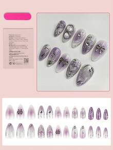 24片中号杏仁形美甲贴片，紫色渐变，腮红紫色短尖甲尖，银色心形线条设计，水钻装饰，高光泽全覆盖，适合女性和女孩，居家DIY，情人节美甲用品 - 淡紫色 - 查看 2