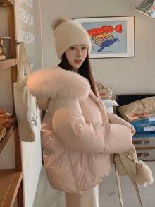 Women's Down Coat, Fur-Trimmed, Short Down, Windproof, Stand Collar, Thick, Cute, Casual, Outdoor, Autumn/Winter - Baby Pink - View 5
